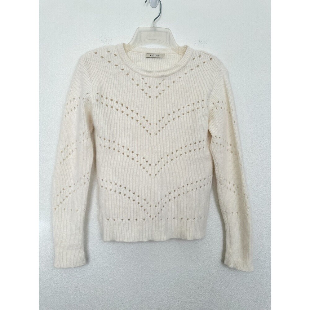 Ragdoll Pointelle Angora Wool Sweater Crewneck White Classy Old Money Women's XS